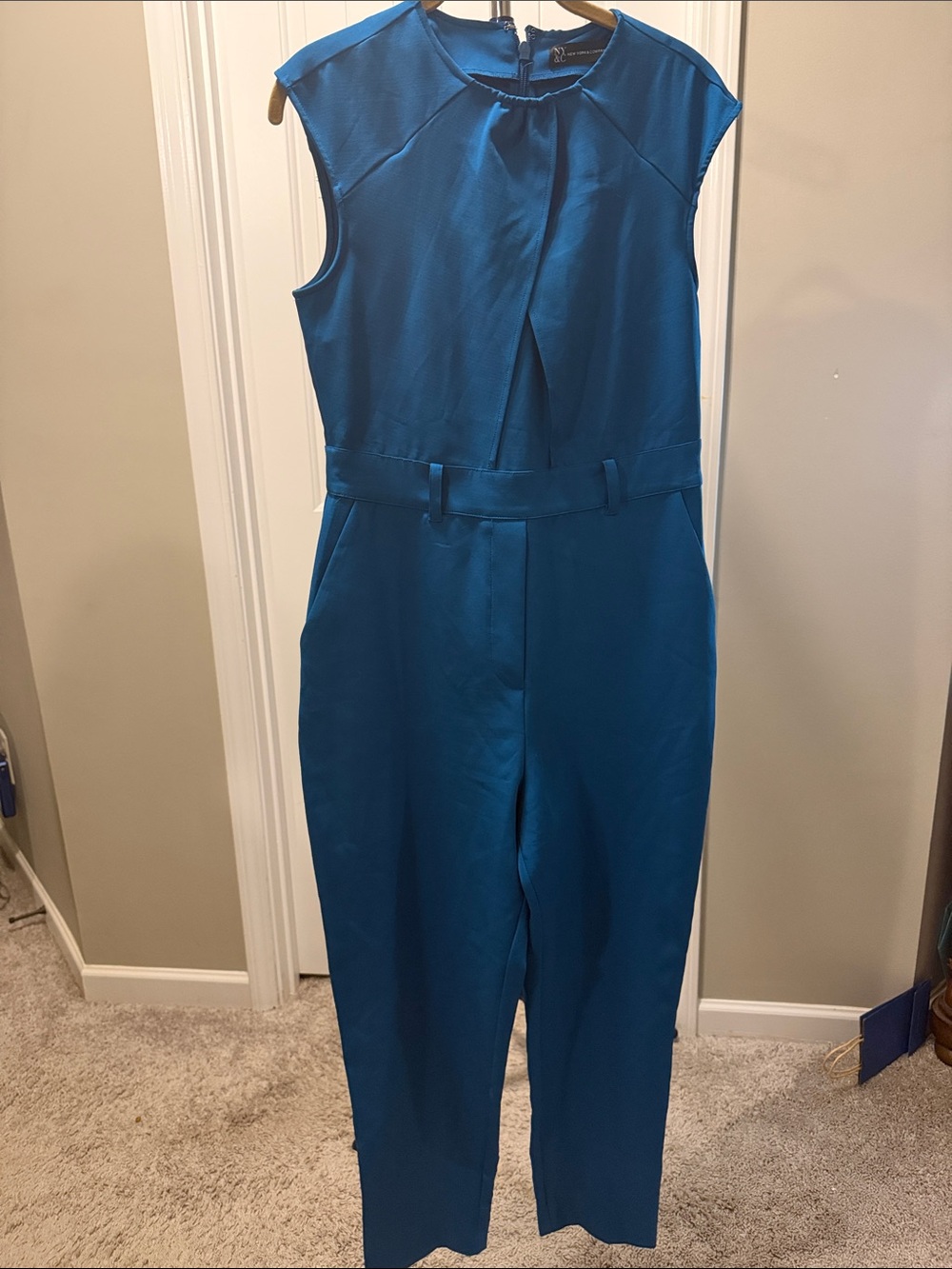 New York & Company Teal Sleeveless Tailored Jumpsuit